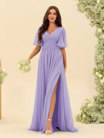 A-Line V-Neck Half Sleeves Split Side Chiffon Bridesmaid Dresses With Pockets