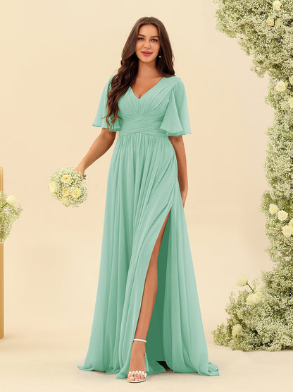 A-Line V-Neck Half Sleeves Split Side Chiffon Bridesmaid Dresses With Pockets