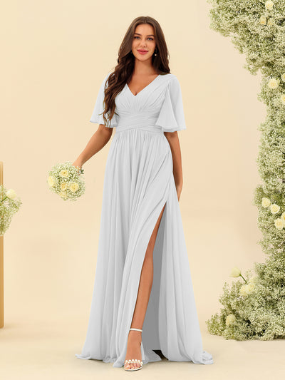 A-Line V-Neck Half Sleeves Split Side Chiffon Bridesmaid Dresses With Pockets