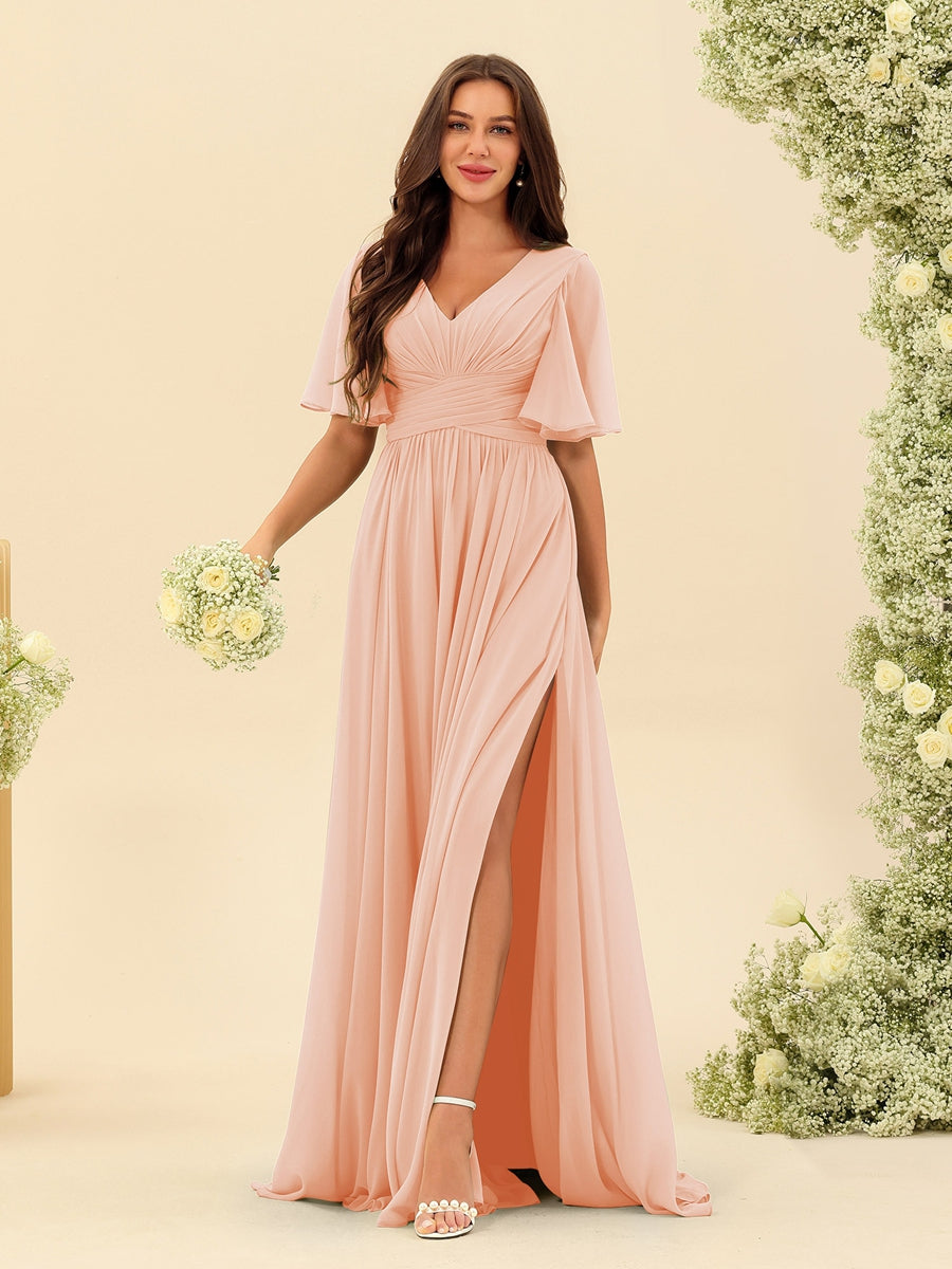 A-Line V-Neck Half Sleeves Split Side Chiffon Bridesmaid Dresses With Pockets