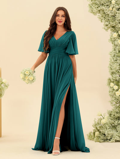 A-Line V-Neck Half Sleeves Split Side Chiffon Bridesmaid Dresses With Pockets