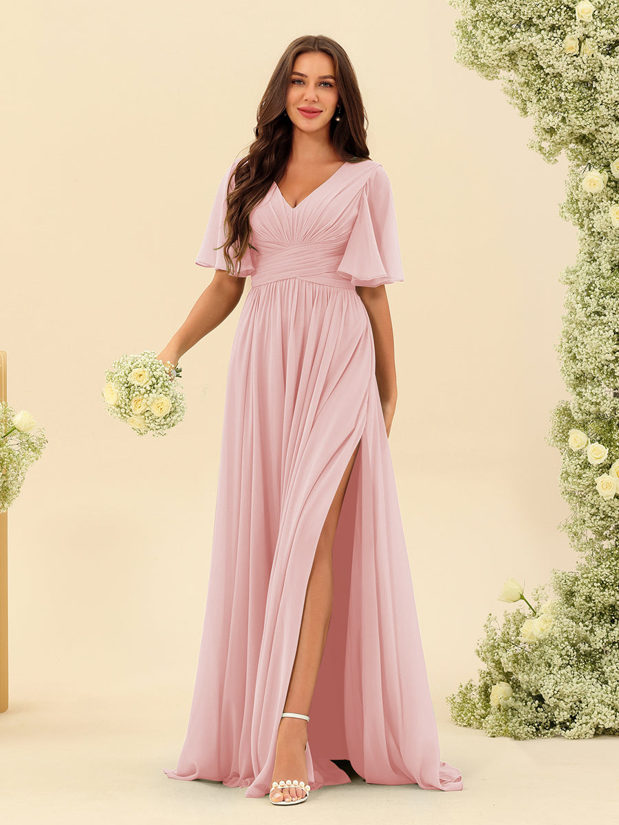 A-Line V-Neck Half Sleeves Split Side Chiffon Bridesmaid Dresses With Pockets