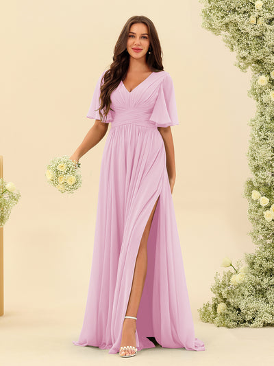 A-Line V-Neck Half Sleeves Split Side Chiffon Bridesmaid Dresses With Pockets