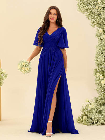 A-Line V-Neck Half Sleeves Split Side Chiffon Bridesmaid Dresses With Pockets