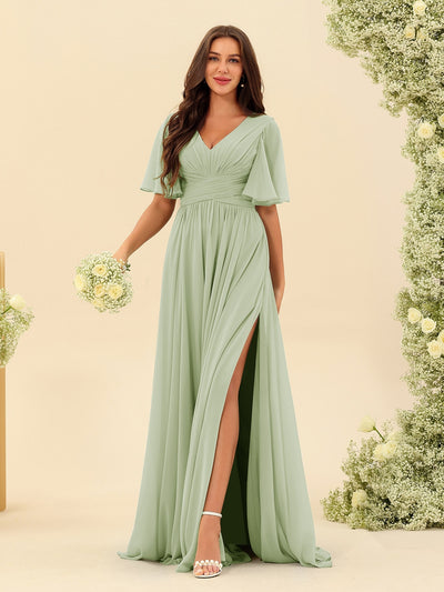 A-Line V-Neck Half Sleeves Split Side Chiffon Bridesmaid Dresses With Pockets