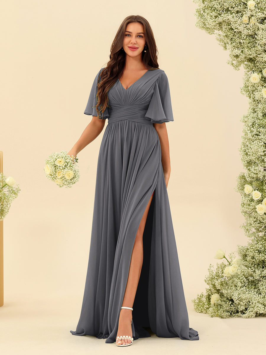 A-Line V-Neck Half Sleeves Split Side Chiffon Bridesmaid Dresses With Pockets