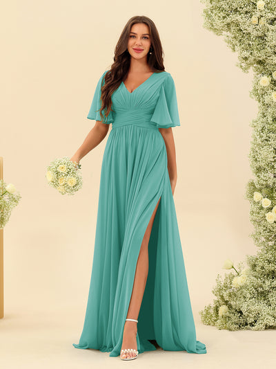 A-Line V-Neck Half Sleeves Split Side Chiffon Bridesmaid Dresses With Pockets