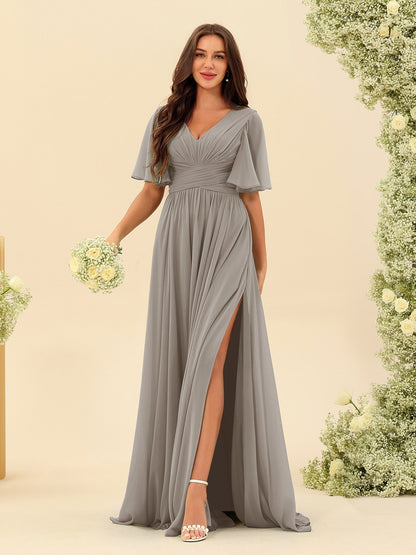 A-Line V-Neck Half Sleeves Split Side Chiffon Bridesmaid Dresses With Pockets