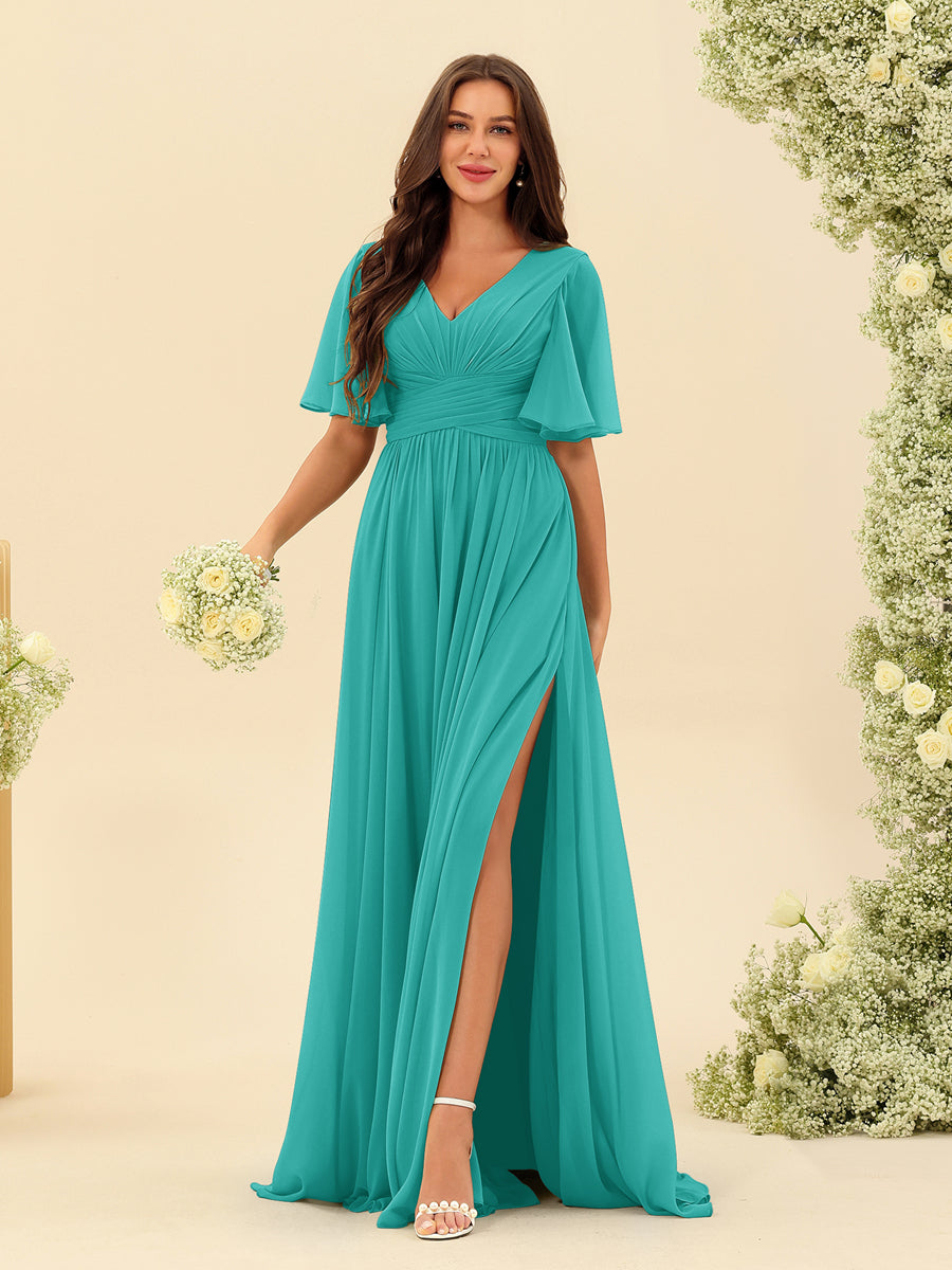 A-Line V-Neck Half Sleeves Split Side Chiffon Bridesmaid Dresses With Pockets