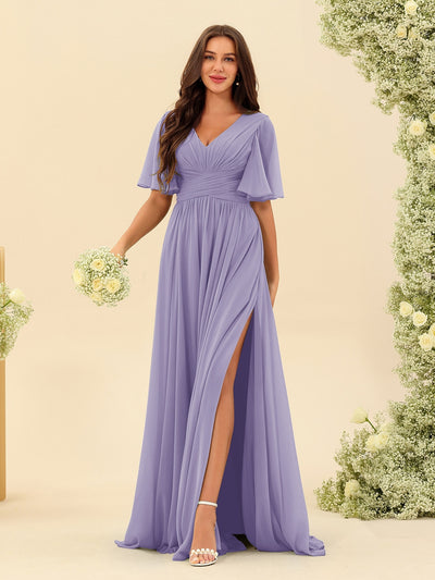 A-Line V-Neck Half Sleeves Split Side Chiffon Bridesmaid Dresses With Pockets