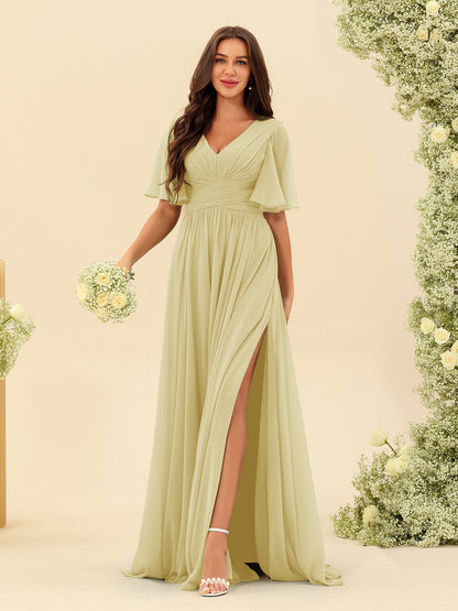 A-Line V-Neck Half Sleeves Split Side Chiffon Bridesmaid Dresses With Pockets