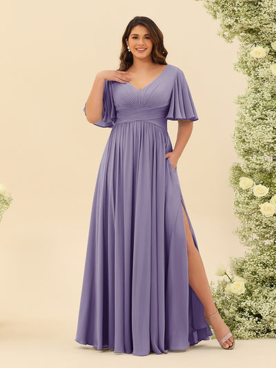 A-Line V-Neck Half Sleeves Plus Size Chiffon Bridesmaid Dresses With Split Side