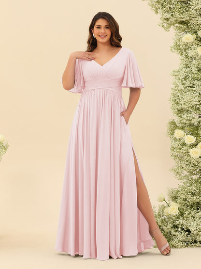 A-Line V-Neck Half Sleeves Plus Size Chiffon Bridesmaid Dresses With Split Side