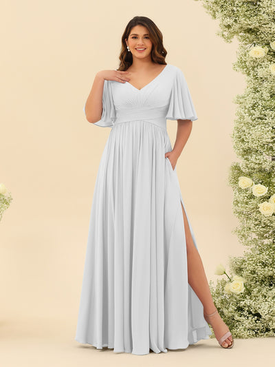 A-Line V-Neck Half Sleeves Plus Size Chiffon Bridesmaid Dresses With Split Side