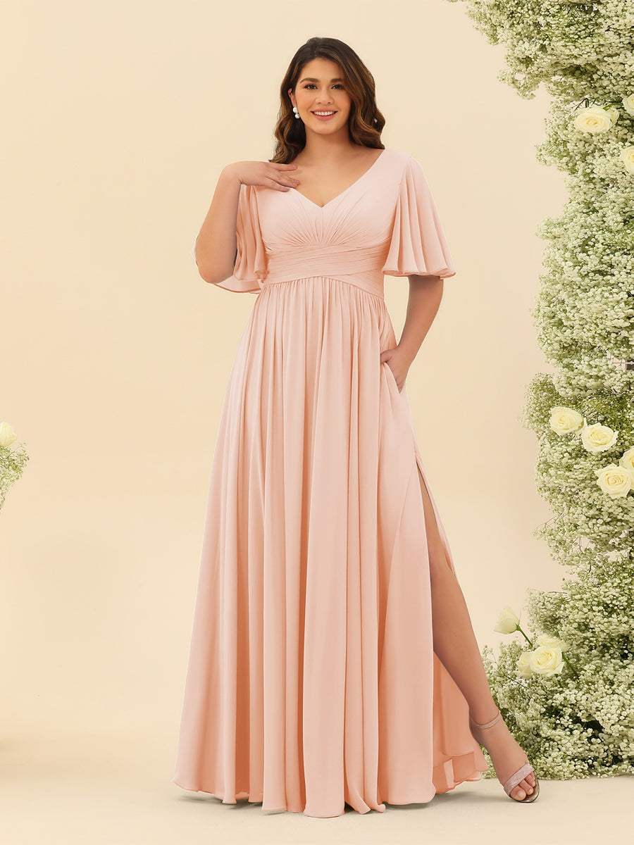 A-Line V-Neck Half Sleeves Plus Size Chiffon Bridesmaid Dresses With Split Side