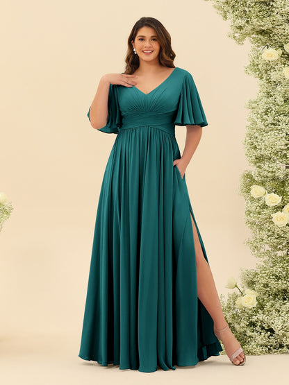 A-Line V-Neck Half Sleeves Plus Size Chiffon Bridesmaid Dresses With Split Side