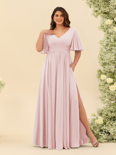 A-Line V-Neck Half Sleeves Plus Size Chiffon Bridesmaid Dresses With Split Side