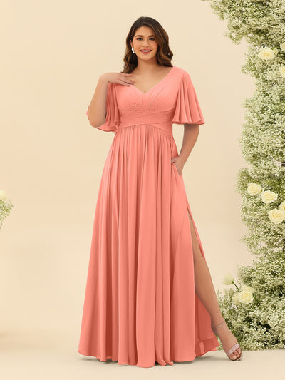 A-Line V-Neck Half Sleeves Plus Size Chiffon Bridesmaid Dresses With Split Side