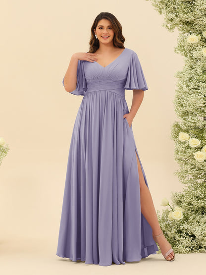 A-Line V-Neck Half Sleeves Plus Size Chiffon Bridesmaid Dresses With Split Side