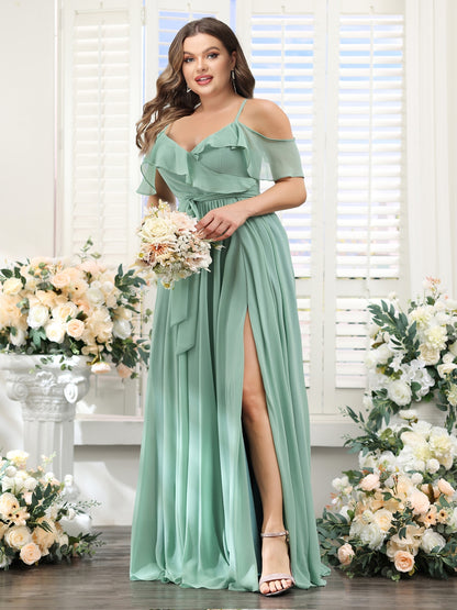 A-Line V-Neck Spaghetti Straps Chiffon Plus Size Bridesmaid Dresses with Pockets