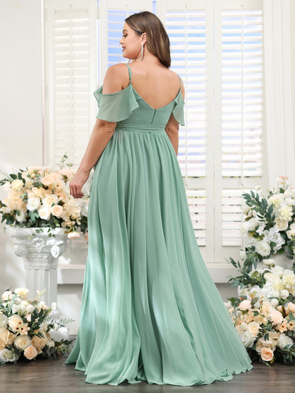 A-Line V-Neck Spaghetti Straps Chiffon Plus Size Bridesmaid Dresses with Pockets