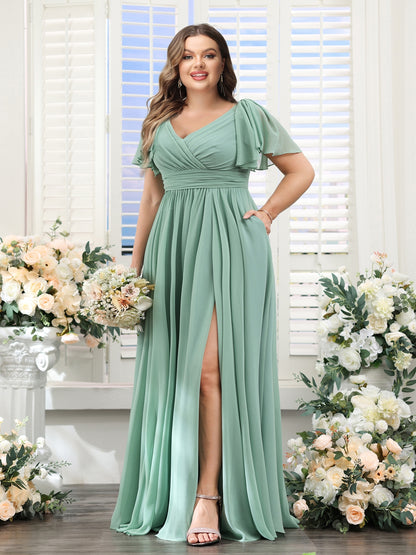 A-Line V-Neck Short Sleeves Split Side Chiffon Plus Size Bridesmaid Dresses with Pockets