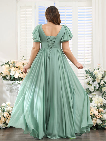 A-Line V-Neck Short Sleeves Split Side Chiffon Plus Size Bridesmaid Dresses with Pockets