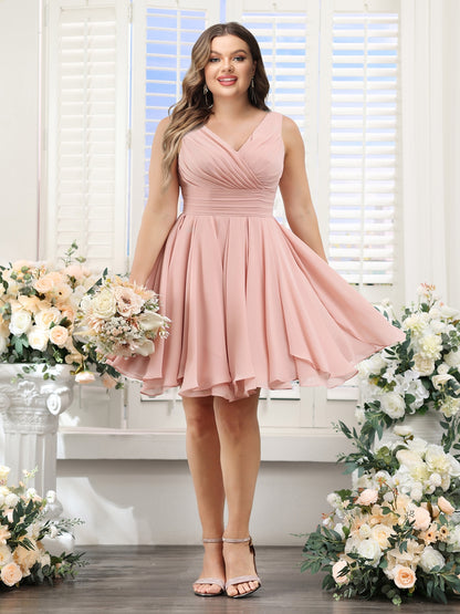 A-Line V-Neck Sleeveless Ruched Chiffon Short Plus Size Bridesmaid Dresses