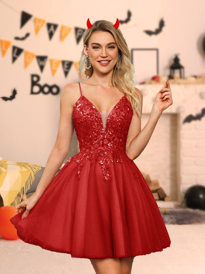 A-Line/Princess Spaghetti Straps Tulle Short Halloween Dresses with Sequins