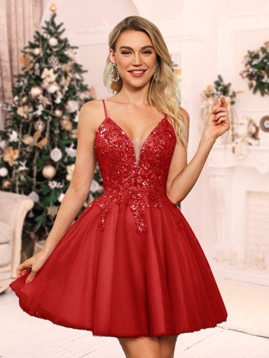 A-Line/Princess Spaghetti Straps Tulle Short Christmas Dresses with Sequins