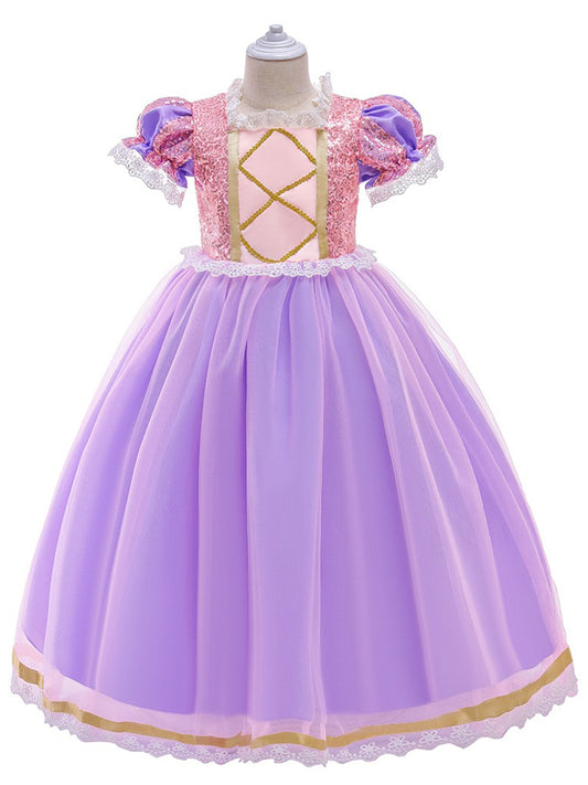 Ball-Gown Tulle Scoop Short Sleeves Flower Girl Dresses with Sequins & Appliques