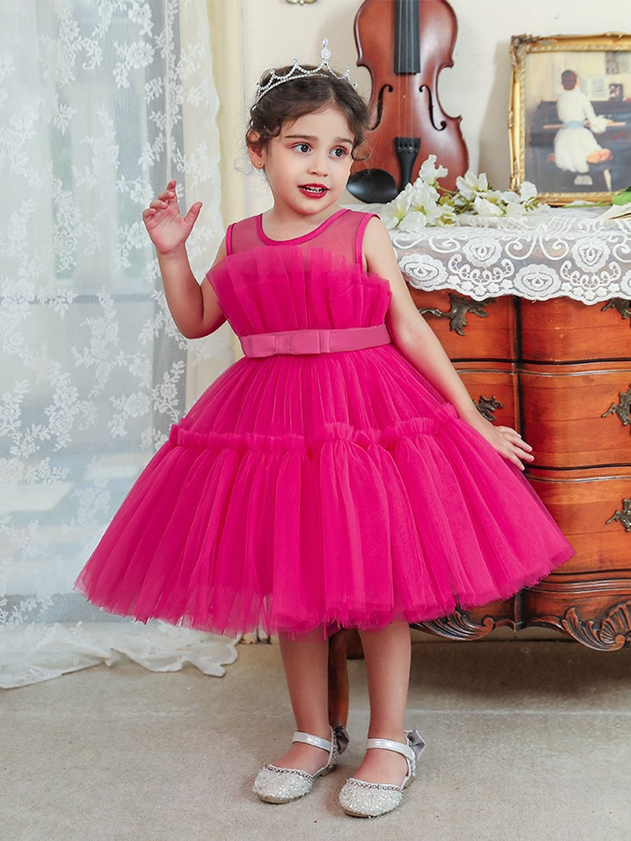 Ball Gown Scoop Sleeveless Tulle Flower Girl Dresses with Belt & Bow(s)