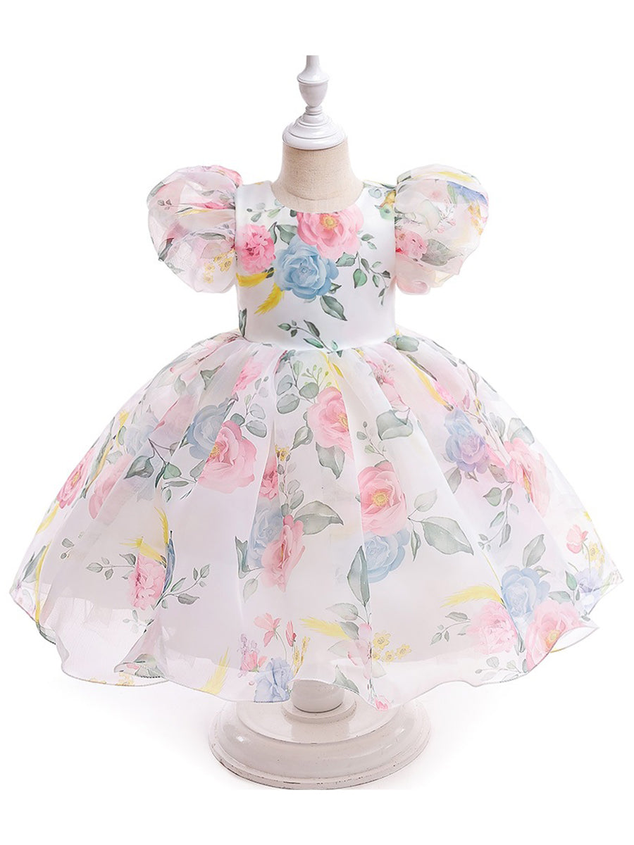 Ball Gown Scoop Short Sleeves Printed Floral Flower Girl Dresses