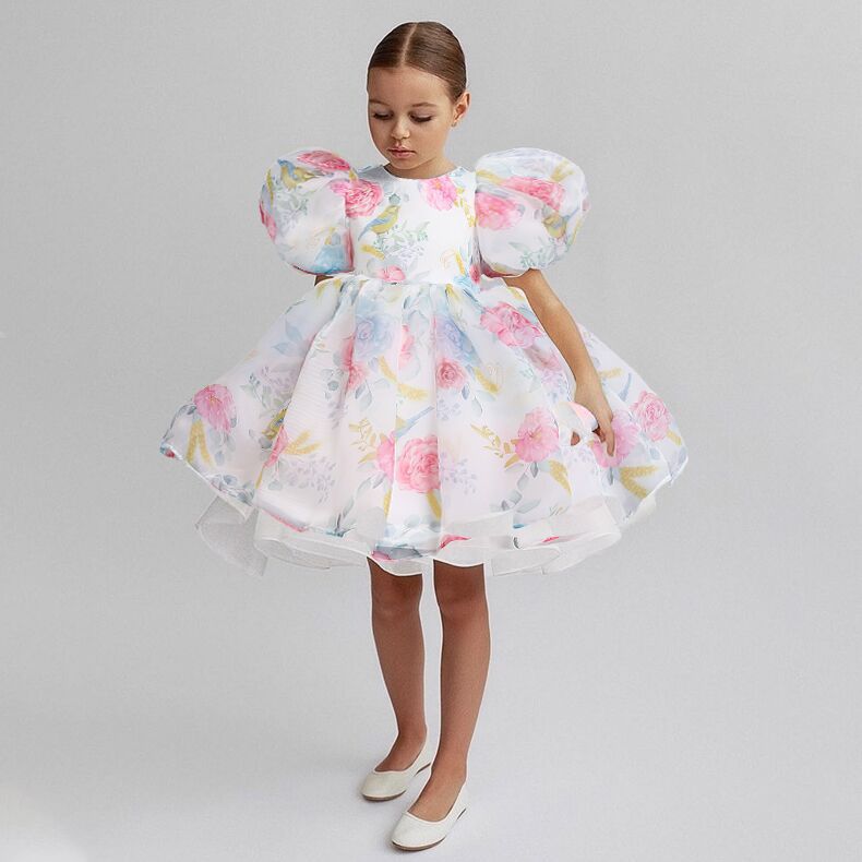 Ball Gown Scoop Short Sleeves Printed Floral Flower Girl Dresses