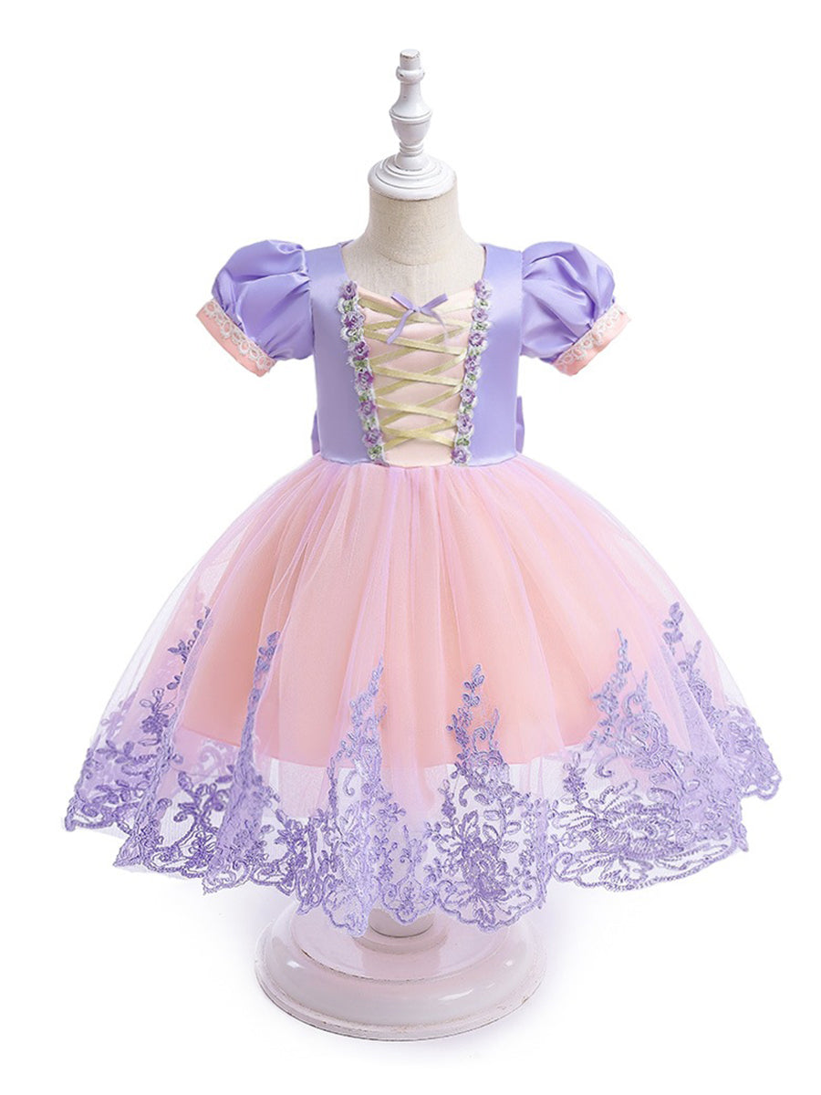 Ball Gown Scoop Short Sleeves Flower Girl Dresses with Appliques & Bow(s) & Embroidery