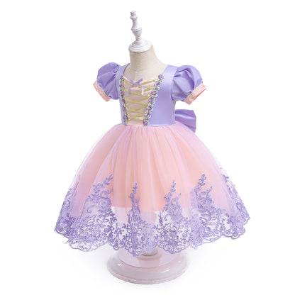 Ball Gown Scoop Short Sleeves Flower Girl Dresses with Appliques & Bow(s) & Embroidery