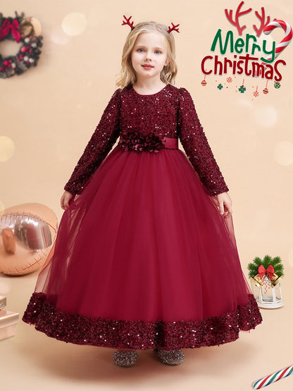 Ball Gown Scoop Long Sleeves Sequined Christmas Dresses for Girls