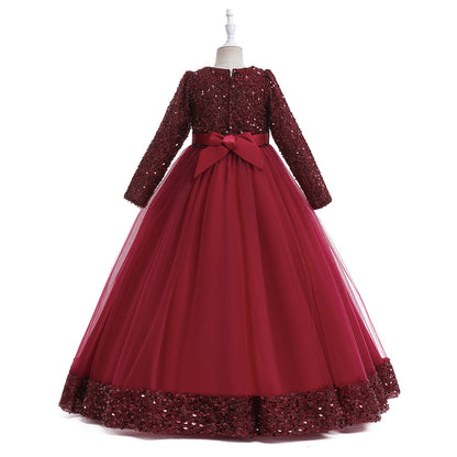 Ball Gown Scoop Long Sleeves Sequined Christmas Dresses for Girls