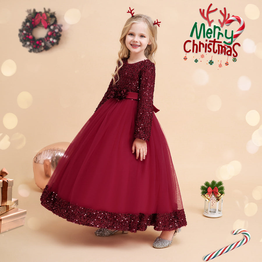 Ball Gown Scoop Long Sleeves Sequined Christmas Dresses for Girls