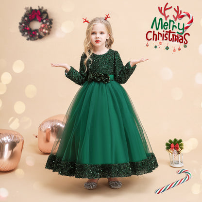 Ball Gown Scoop Long Sleeves Sequined Christmas Dresses for Girls