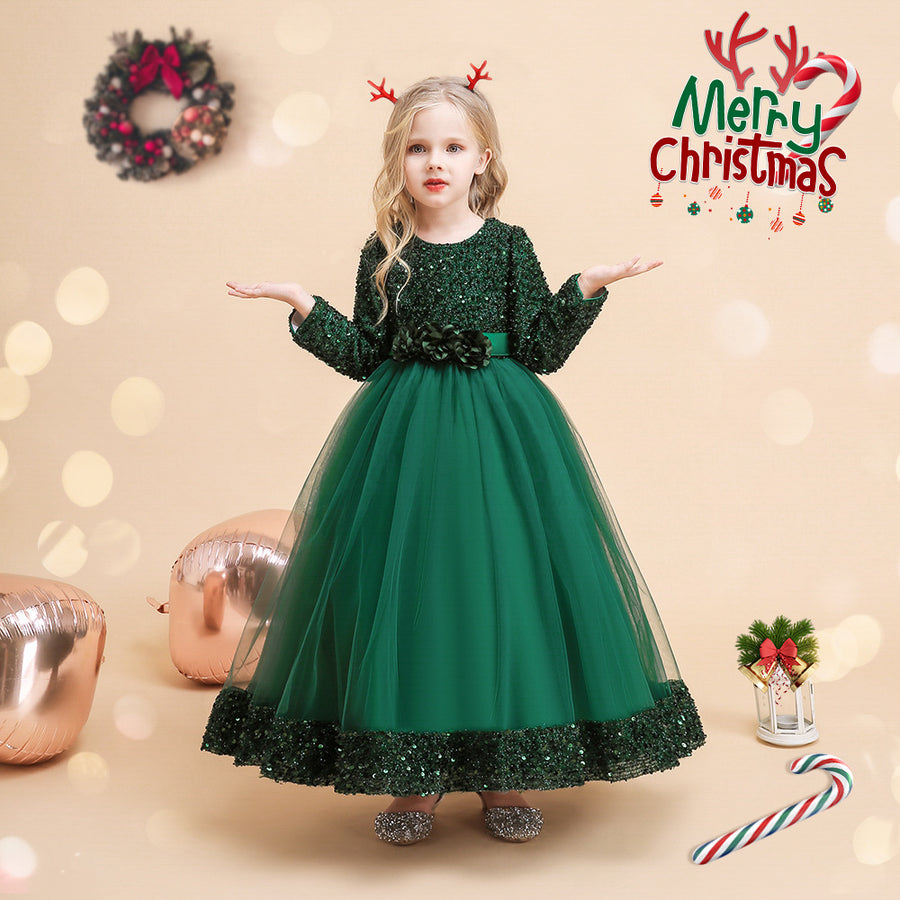 Ball Gown Scoop Long Sleeves Sequined Christmas Dresses with Appliques & Embroidery