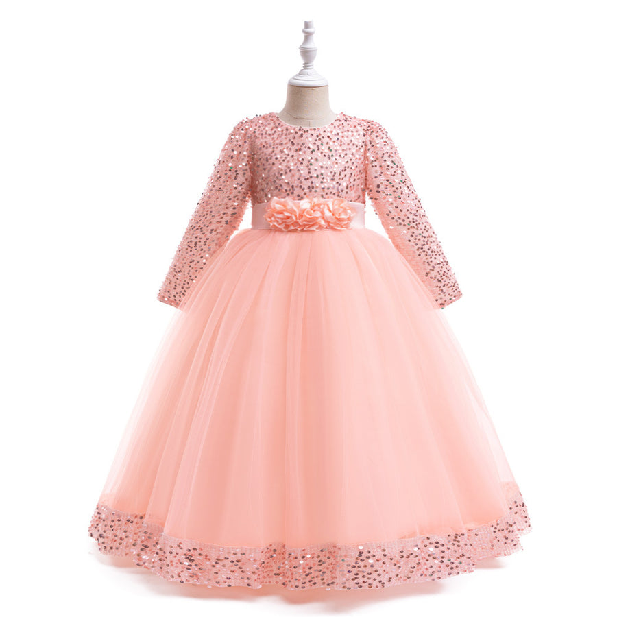 Ball Gown Scoop Long Sleeves Sequined Christmas Dresses for Girls