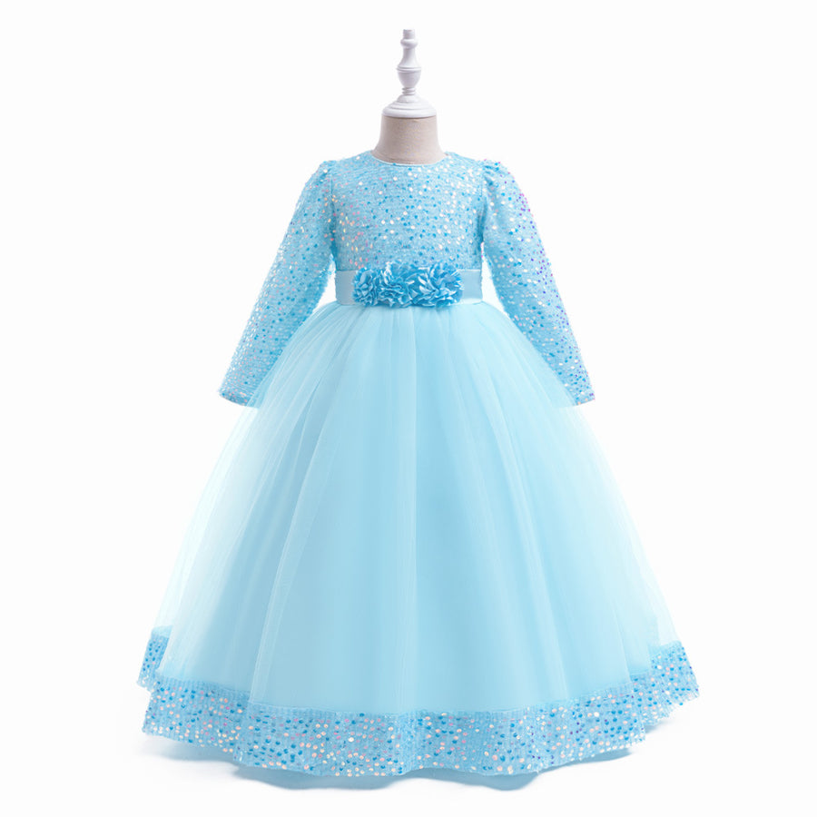 Ball Gown Scoop Long Sleeves Sequined Christmas Dresses for Girls