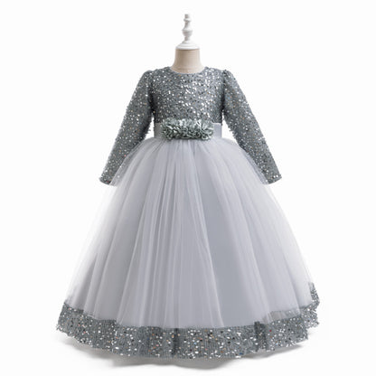 Ball Gown Scoop Long Sleeves Sequined Christmas Dresses for Girls