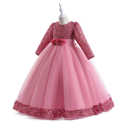 Ball Gown Scoop Long Sleeves Sequined Christmas Dresses for Girls