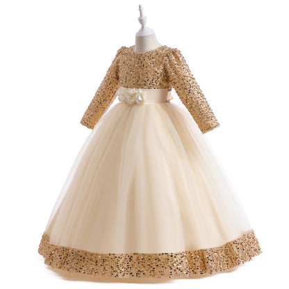 Ball Gown Scoop Long Sleeves Sequined Christmas Dresses for Girls