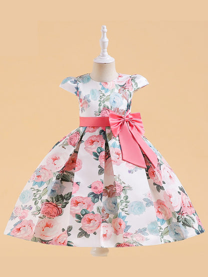 Ball Gown Scoop Sleeveless Satin Pleated Flower Girl Dresses with Printed Flowers & Bow(s)