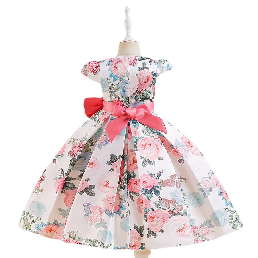 Ball Gown Scoop Sleeveless Satin Pleated Flower Girl Dresses with Printed Flowers & Bow(s)