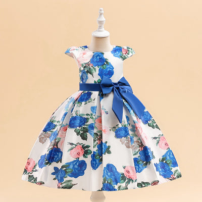 Ball Gown Scoop Sleeveless Satin Pleated Flower Girl Dresses with Printed Flowers & Bow(s)