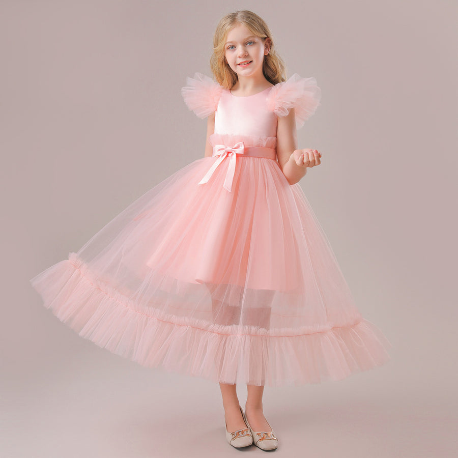 Tulle Scoop Neck Sleeveless Flower Girl Dresses with Pleats & Bow(s)